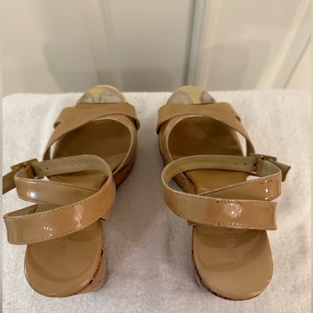 Jimmy Choo Tan Patent Cork Wedge Ankle Strap Sandals - Picture 5 of 7